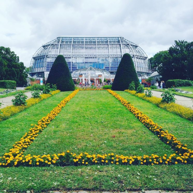 Blick auf die Gewächshäuser im Botanischen Garten